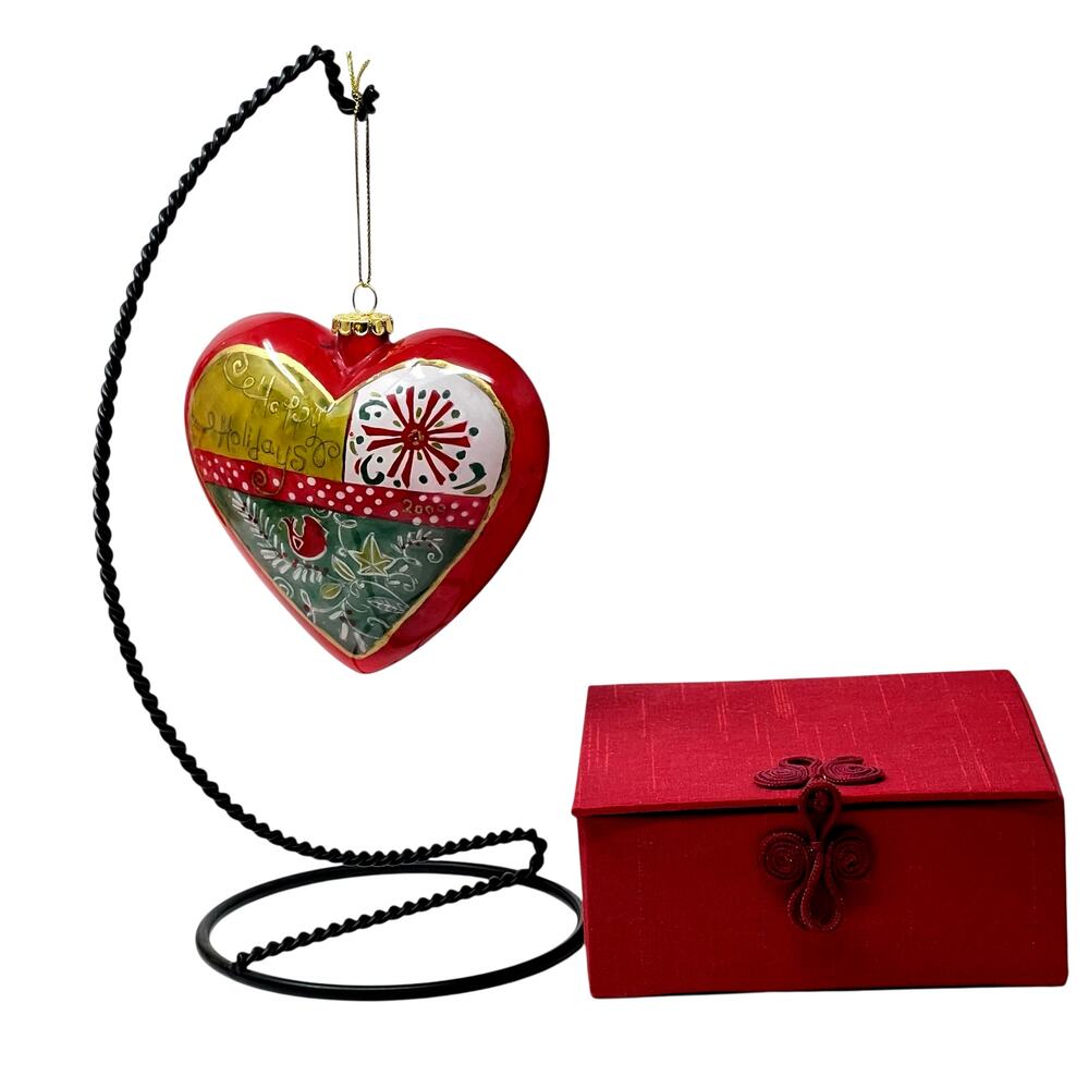 Pier 1 Li Bien 2000 Hand-Painted Glass Ornament "HEART SHAPE" & Original Red Box